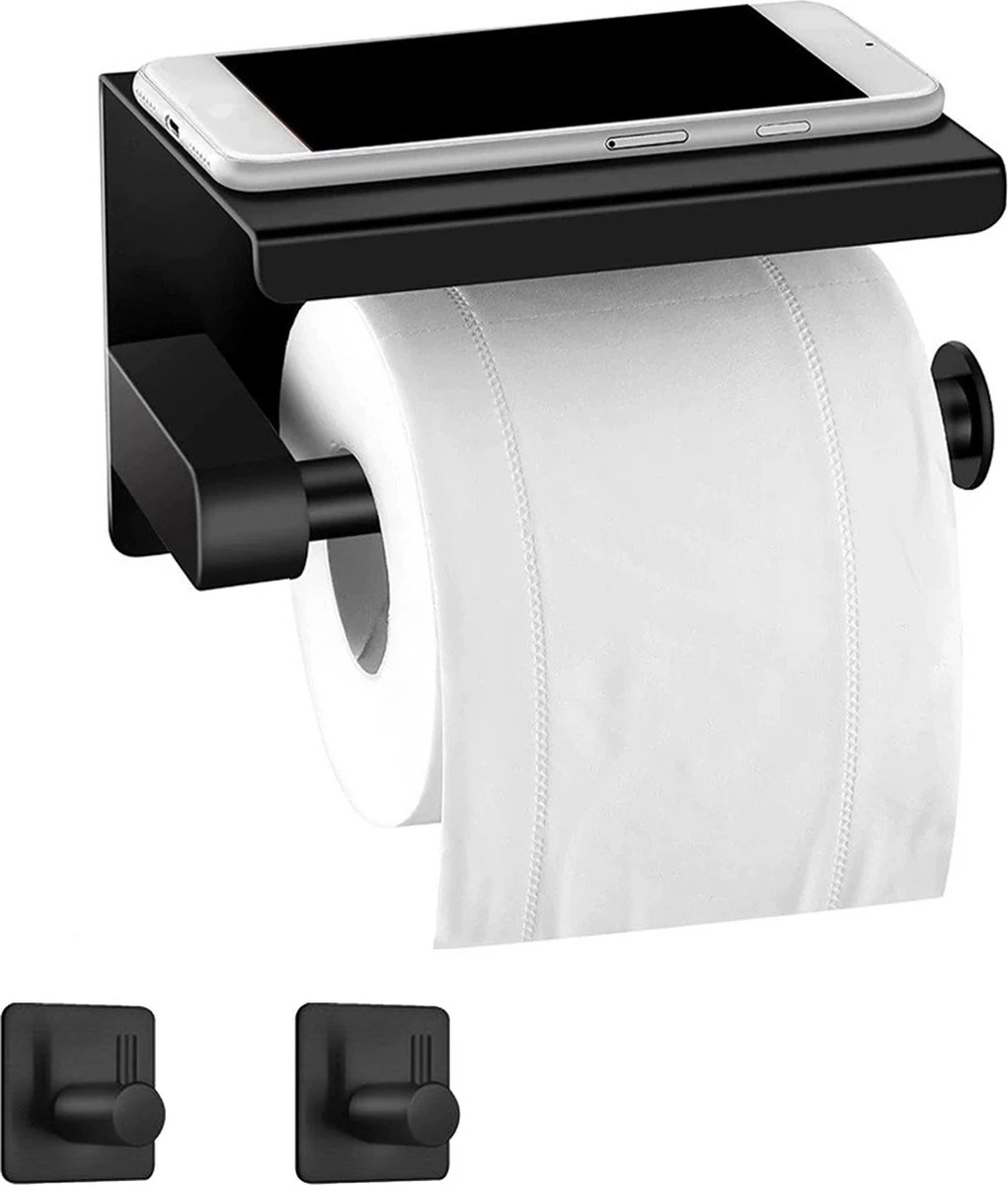 Toiletrolhouder Met Plankje - Zelfklevend Of Boren - WC Rolhouder - Incl. Handdoekhaakjes - Zwart 3 Toiletrolhouder Met Plankje - Zelfklevend Of Boren - WC Rolhouder - Incl. Handdoekhaakjes - Zwart