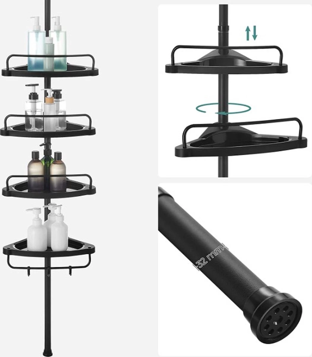 Verstelbaar Doucherek - 85-305 Cm - Van Vloer Tot Plafond - Met 4 Vakken - 3 Haken - Zwart 10 Verstelbaar Doucherek - 85-305 Cm - Van Vloer Tot Plafond - Met 4 Vakken - 3 Haken - Zwart - Afbeelding 8