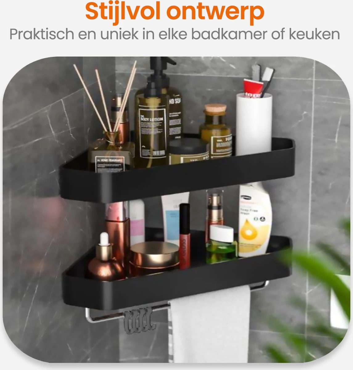 Goliving Doucherek 2 Laags - Doucherek Zonder Boren - Doucherekje Hoek - Douchemandje - Badkamerrek - Badkamer Accessoires - Zwart 5 Goliving Doucherek 2 Laags - Doucherek Zonder Boren - Doucherekje Hoek - Douchemandje - Badkamerrek - Badkamer Accessoires - Zwart - Afbeelding 3
