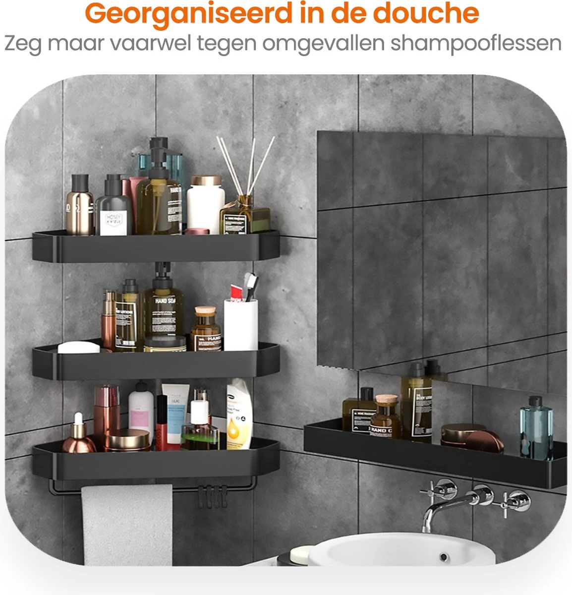 Goliving Doucherek 2 Laags - Doucherek Zonder Boren - Doucherekje Hoek - Douchemandje - Badkamerrek - Badkamer Accessoires - Zwart 8 Goliving Doucherek 2 Laags - Doucherek Zonder Boren - Doucherekje Hoek - Douchemandje - Badkamerrek - Badkamer Accessoires - Zwart - Afbeelding 6