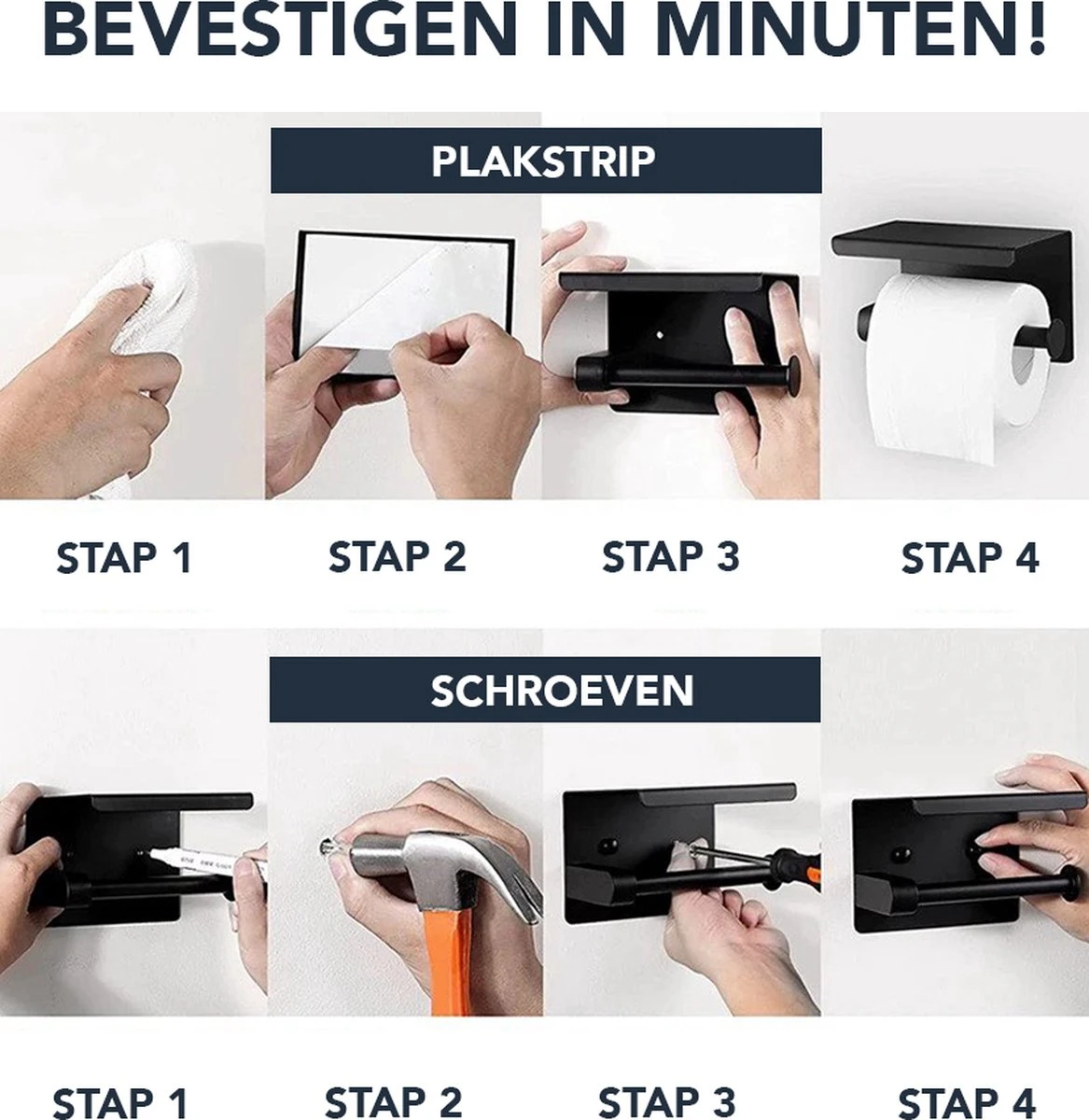 Toiletrolhouder Met Plankje - Zelfklevend Of Boren - WC Rolhouder - Incl. Handdoekhaakjes - Zwart 8 Toiletrolhouder Met Plankje - Zelfklevend Of Boren - WC Rolhouder - Incl. Handdoekhaakjes - Zwart - Afbeelding 6