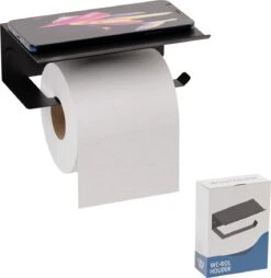 Westerhof Premium Wc Rolhouder Zwart Zonder Boren - Met Plankje - 3M Plakstrip En Schroef Set