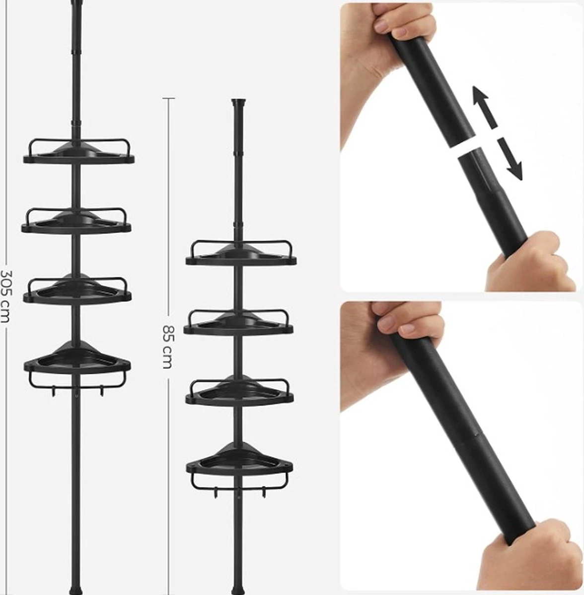 Verstelbaar Doucherek - 85-305 Cm - Van Vloer Tot Plafond - Met 4 Vakken - 3 Haken - Zwart 8 Verstelbaar Doucherek - 85-305 Cm - Van Vloer Tot Plafond - Met 4 Vakken - 3 Haken - Zwart - Afbeelding 6