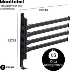 Tolussa Handdoekrek Badkamer Zwart - 38 CM - Handdoekhouder Zwart - Handdoekenrek Badkamer - Draaibaar -Merkloos Shop 1178x1200 2