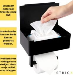 STRICX Toiletrolhouder - Zwart - Zonder Boren - Toilet Rol Houder Tissuebox - Zelfklevend - WC Rolhouder Met Opbergvak Voor Babydoekjes - Met Plankje - Toiletaccessoires -Merkloos Shop 1178x1200
