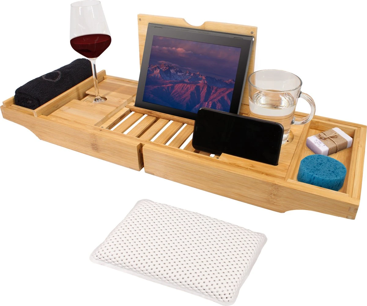 Regno Badplank Voor In Bad - Met Badkussen - Uitschuifbaar En Waterbestendig Badrek - IPad En Glashouder 3 Regno Badplank Voor In Bad - Met Badkussen - Uitschuifbaar En Waterbestendig Badrek - IPad En Glashouder