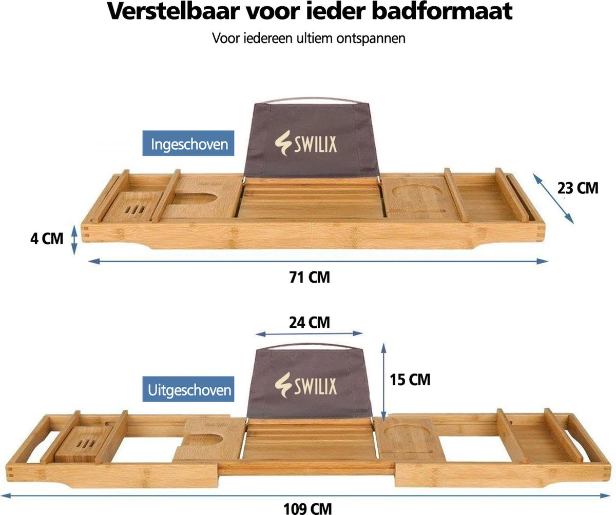 SWILIX ® Badplank - Uitschuifbaar - Voor In Bad - 71 Tot 108 Cm - Met Houder - Hout 5 SWILIX ® Badplank - Uitschuifbaar - Voor In Bad - 71 Tot 108 Cm - Met Houder - Hout - Afbeelding 4