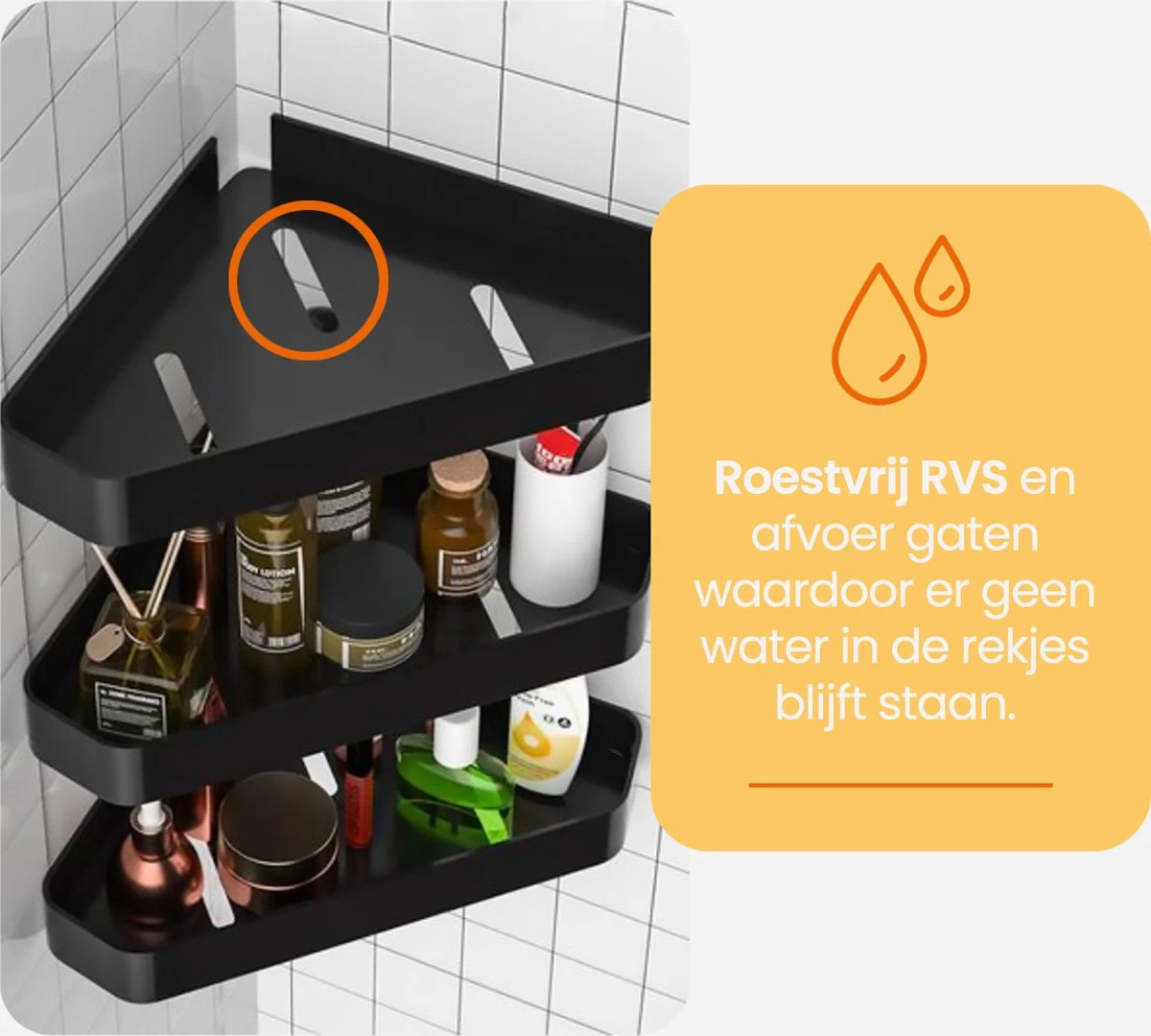 Goliving Doucherek 2 Laags - Doucherek Zonder Boren - Doucherekje Hoek - Douchemandje - Badkamerrek - Badkamer Accessoires - Zwart 6 Goliving Doucherek 2 Laags - Doucherek Zonder Boren - Doucherekje Hoek - Douchemandje - Badkamerrek - Badkamer Accessoires - Zwart - Afbeelding 4