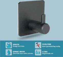 Vannons - Handdoekhaakjes - Zelfklevende Haakjes - Set Van 6 Haakjes - RVS - Zwart -Merkloos Shop 1200x1088 2