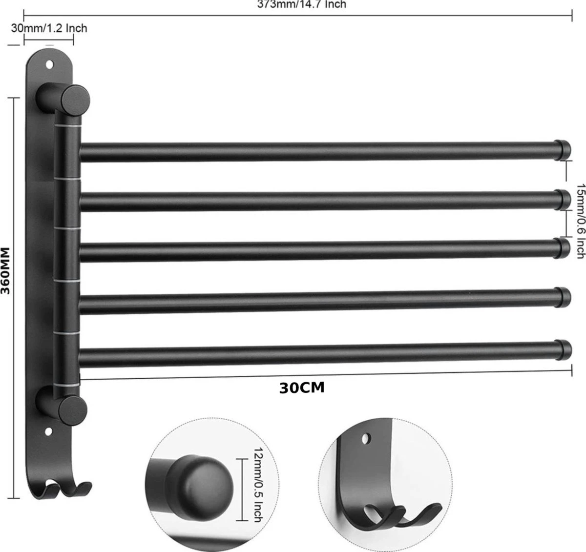 BOTC Handdoekrek - 5-armig Handdoekhouder - Handdoekstang - 180 Graden Verstelbaar - Badkamer - Zwart 6 BOTC Handdoekrek - 5-armig Handdoekhouder - Handdoekstang - 180 Graden Verstelbaar - Badkamer - Zwart - Afbeelding 4