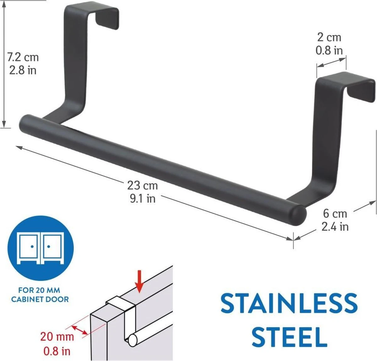 Tatkraft HORIZON - RVS Kastdeur Handdoekrek - Keukenkast Deur Handdoek/Vaatdoek Houder Rek Stang Hanger - Towel Rack Kast Deurhanger Deurhaak Keuken - Handdoekstang - Mat Zwart - 23CM 6 Tatkraft HORIZON - RVS Kastdeur Handdoekrek - Keukenkast Deur Handdoek/Vaatdoek Houder Rek Stang Hanger - Towel Rack Kast Deurhanger Deurhaak Keuken - Handdoekstang - Mat Zwart - 23CM - Afbeelding 4