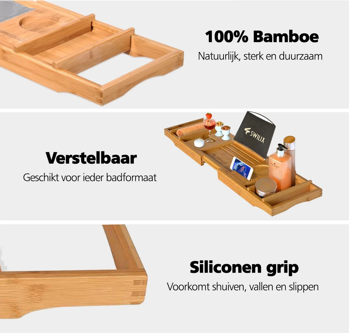 SWILIX ® Badplank - Uitschuifbaar - Voor In Bad - 71 Tot 108 Cm - Met Houder - Hout 4 SWILIX ® Badplank - Uitschuifbaar - Voor In Bad - 71 Tot 108 Cm - Met Houder - Hout - Afbeelding 3