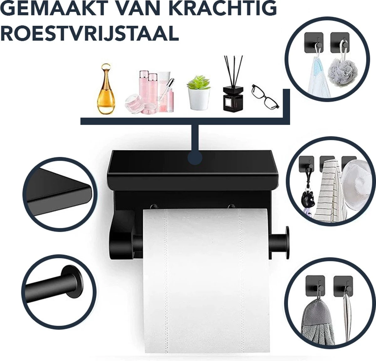 Toiletrolhouder Met Plankje - Zelfklevend Of Boren - WC Rolhouder - Incl. Handdoekhaakjes - Zwart 4 Toiletrolhouder Met Plankje - Zelfklevend Of Boren - WC Rolhouder - Incl. Handdoekhaakjes - Zwart - Afbeelding 2