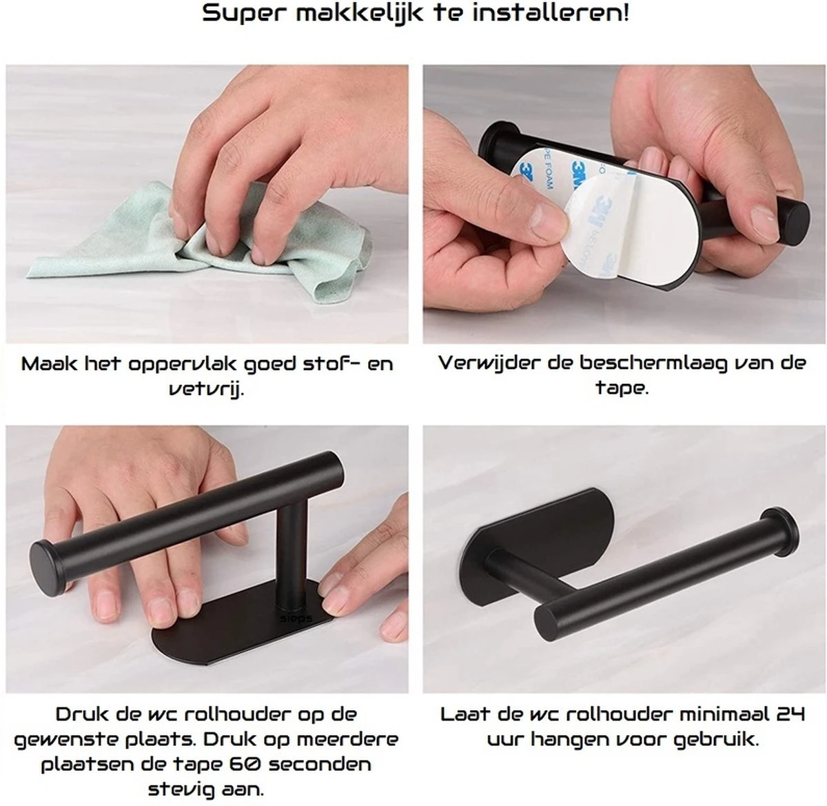 SIEPS RVS WC Rolhouder - Toiletrolhouder - Zelfklevend Zonder Boren - Zwart 4 SIEPS RVS WC Rolhouder - Toiletrolhouder - Zelfklevend Zonder Boren - Zwart - Afbeelding 2