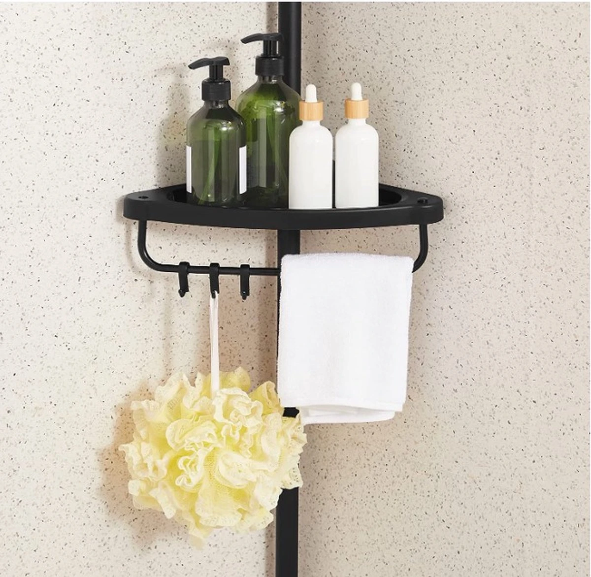 Verstelbaar Doucherek - 85-305 Cm - Van Vloer Tot Plafond - Met 4 Vakken - 3 Haken - Zwart 6 Verstelbaar Doucherek - 85-305 Cm - Van Vloer Tot Plafond - Met 4 Vakken - 3 Haken - Zwart - Afbeelding 4