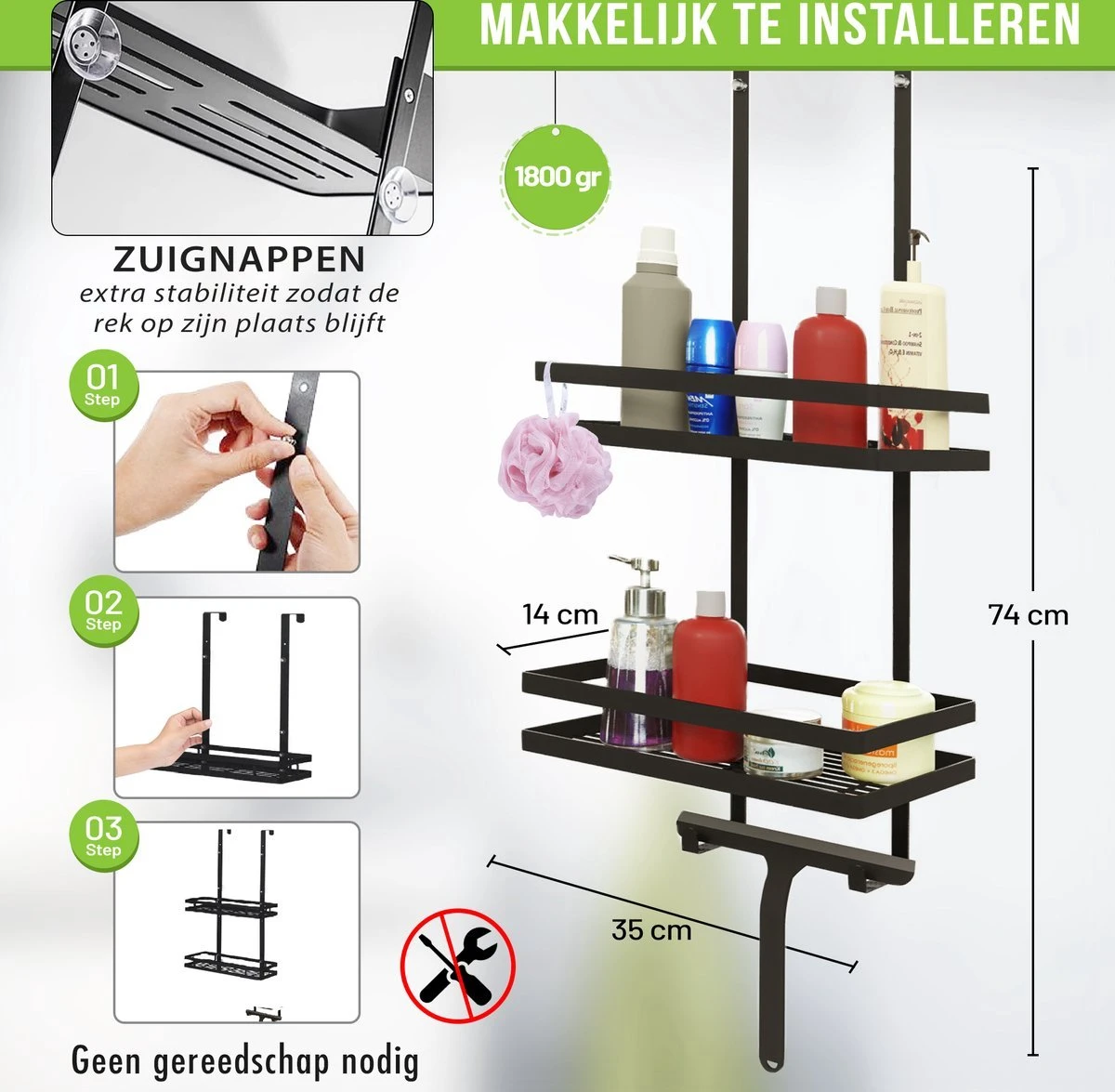 Doucherek Zonder Boren – Doucherek Zwart – Doucherek Hangend – Badkamer Organizer – Douche Organizer - Doucherekje - Doucherekje Zonder Boren 4 Doucherek Zonder Boren – Doucherek Zwart – Doucherek Hangend – Badkamer Organizer – Douche Organizer - Doucherekje - Doucherekje Zonder Boren - Afbeelding 2