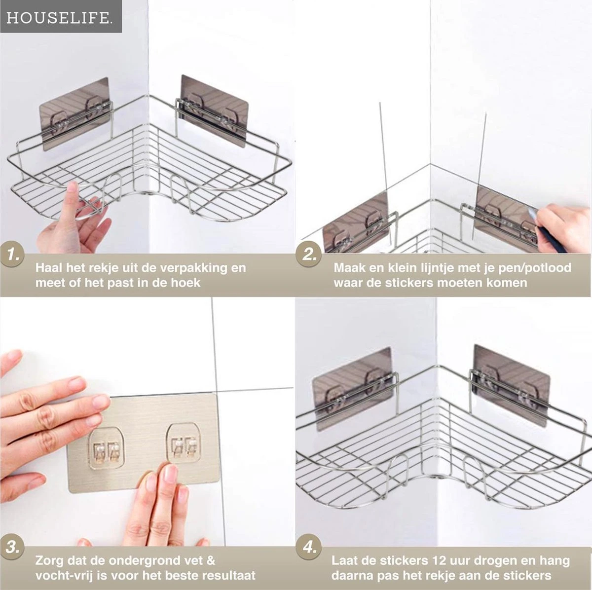 Doucherek Zonder Boren - RVS - Zelfklevend Doucherekje - Hangend – Hoek – Inclusief 2 Muurstickers 10 Doucherek Zonder Boren - RVS - Zelfklevend Doucherekje - Hangend – Hoek – Inclusief 2 Muurstickers - Afbeelding 8