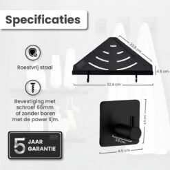 Dubbele Doucherek Zwart Zonder Boren – Sterke Lijmbasis - Badkamer Rek – Hoek – Doucherekjes – Incl. Schroeven – Incl. 2 Haken -Merkloos Shop 1200x1198 18