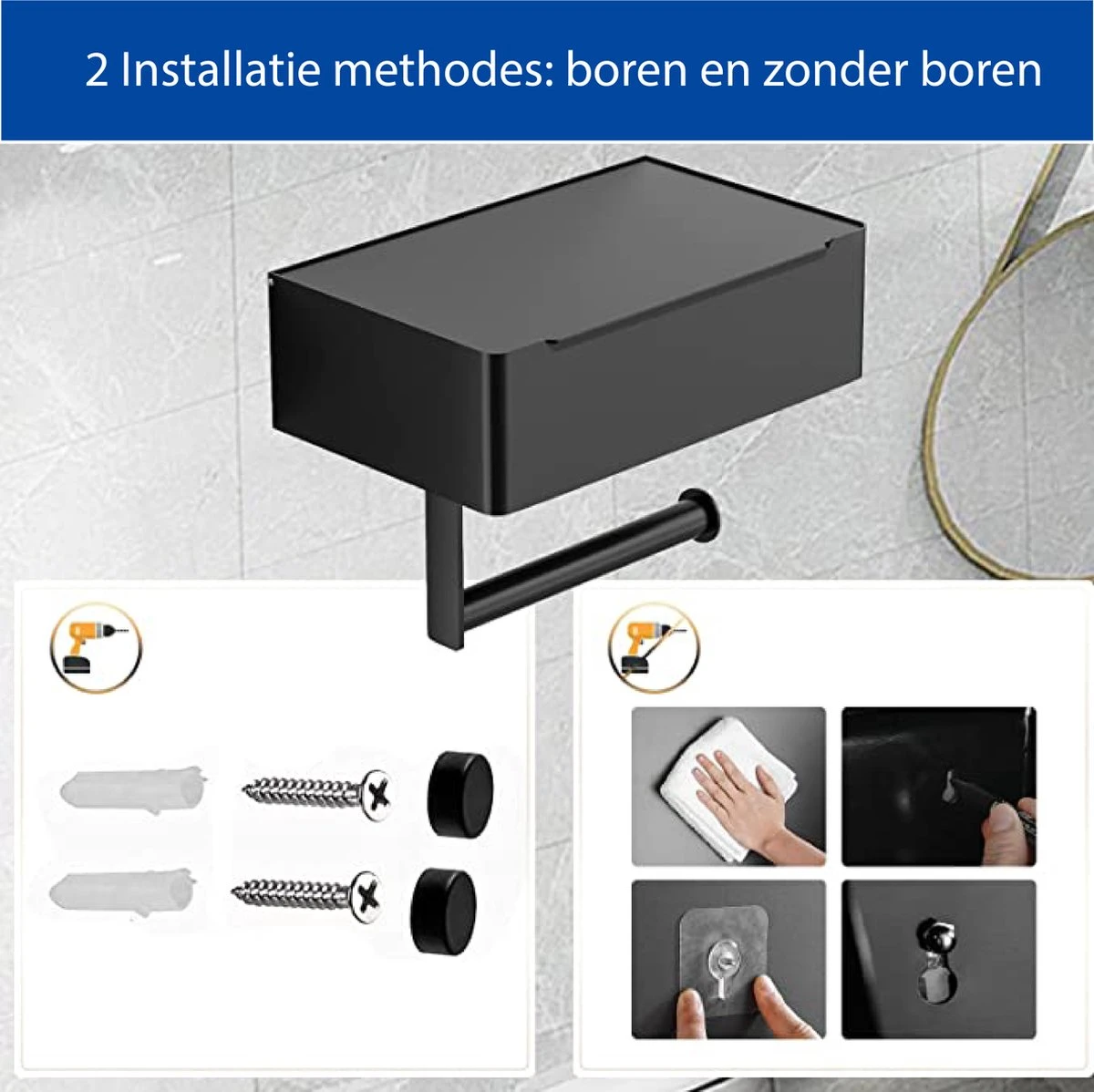 STARMAN WC Rolhouder - Toiletrolhouder Zwart - Badkamer Accessoires - WC Papier Houder 7 STARMAN WC Rolhouder - Toiletrolhouder Zwart - Badkamer Accessoires - WC Papier Houder - Afbeelding 5