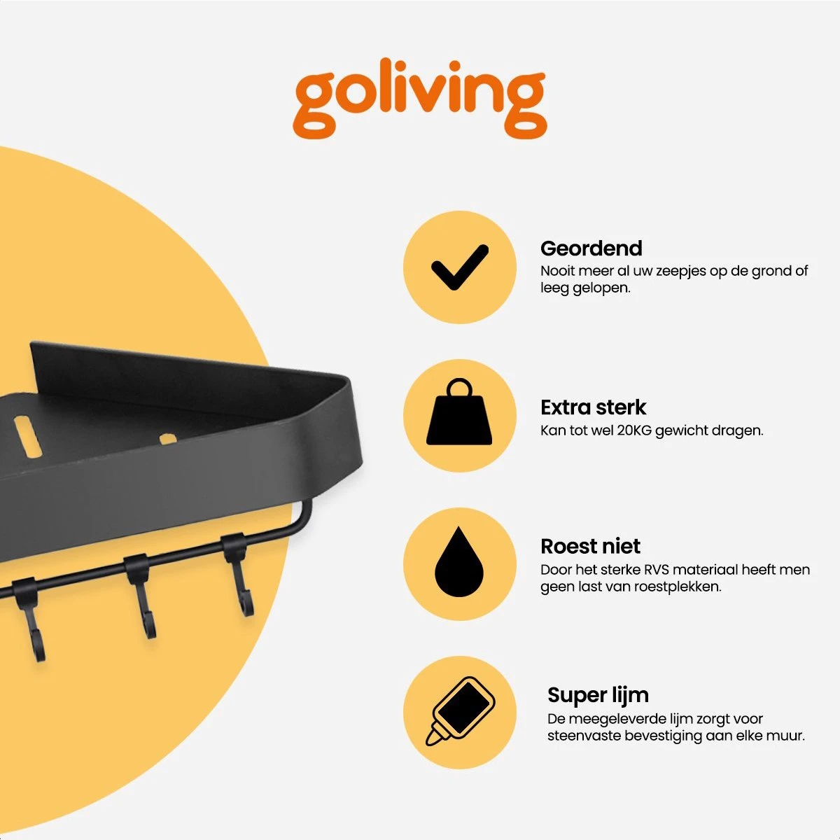 Goliving Doucherek 2 Laags - Doucherek Zonder Boren - Doucherekje Hoek - Douchemandje - Badkamerrek - Badkamer Accessoires - Zwart 4 Goliving Doucherek 2 Laags - Doucherek Zonder Boren - Doucherekje Hoek - Douchemandje - Badkamerrek - Badkamer Accessoires - Zwart - Afbeelding 2