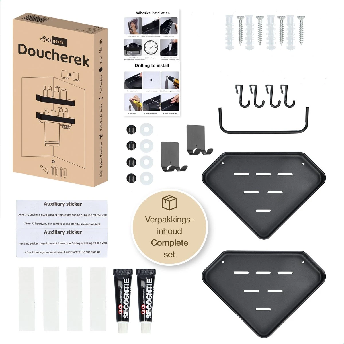 ACE Goods® Doucherek Zwart Hangend – Badkamerrek – Doucherek 2 Laags – Badkamerrekje Hoekrek Douche – Inclusief Haakjes 11 ACE Goods® Doucherek Zwart Hangend – Badkamerrek – Doucherek 2 Laags – Badkamerrekje Hoekrek Douche – Inclusief Haakjes - Afbeelding 9