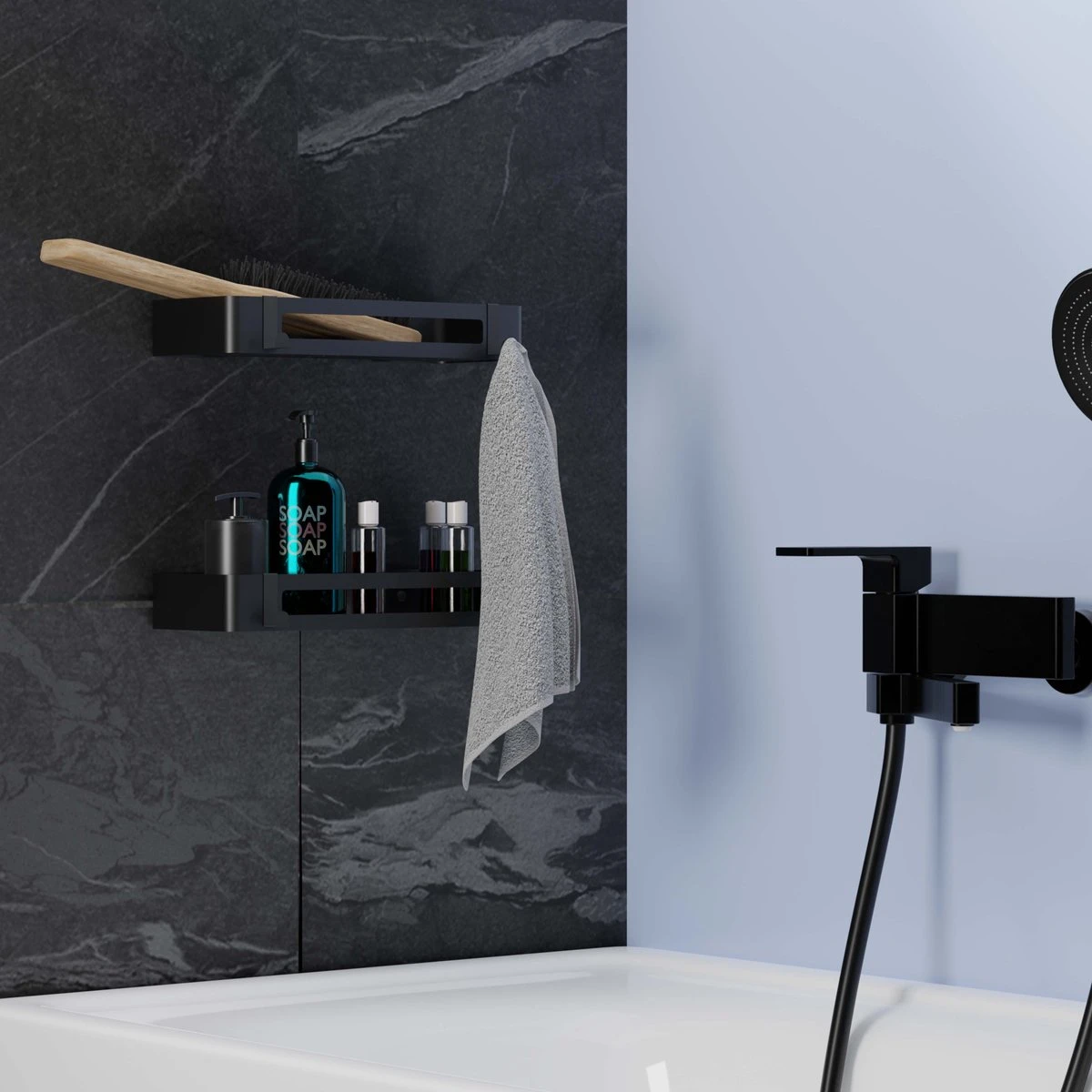 BrandtBergkamp RVS Doucherek 2 Laags – Zonder Boren – Doucherekje Hangend – Badkamerrek Zwart 10 BrandtBergkamp RVS Doucherek 2 Laags – Zonder Boren – Doucherekje Hangend – Badkamerrek Zwart - Afbeelding 8