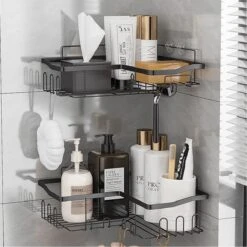 STRICX Doucherekhoek 2 Laags Zwart - Zonder Boren - Zelfklevend Doucherek - Doucherek - Doucherek Voor Badkamer/ Keuken - Doucherek Met Plakstrip - Keukenrek Met Plakstrip - Badrek Douche – Doucherek Hoekvorm - Badkamerrek Douchemandje -Merkloos Shop 1200x1200 1291