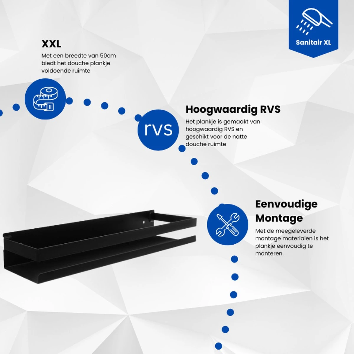 SanitairXL - Doucherek Zwart RVS - 50 Cm Breed - Badkamer Rekje - Douche Rekje - Wandrekje - Hangend Doucherek - Keuken Wandrek 5 SanitairXL - Doucherek Zwart RVS - 50 Cm Breed - Badkamer Rekje - Douche Rekje - Wandrekje - Hangend Doucherek - Keuken Wandrek - Afbeelding 3