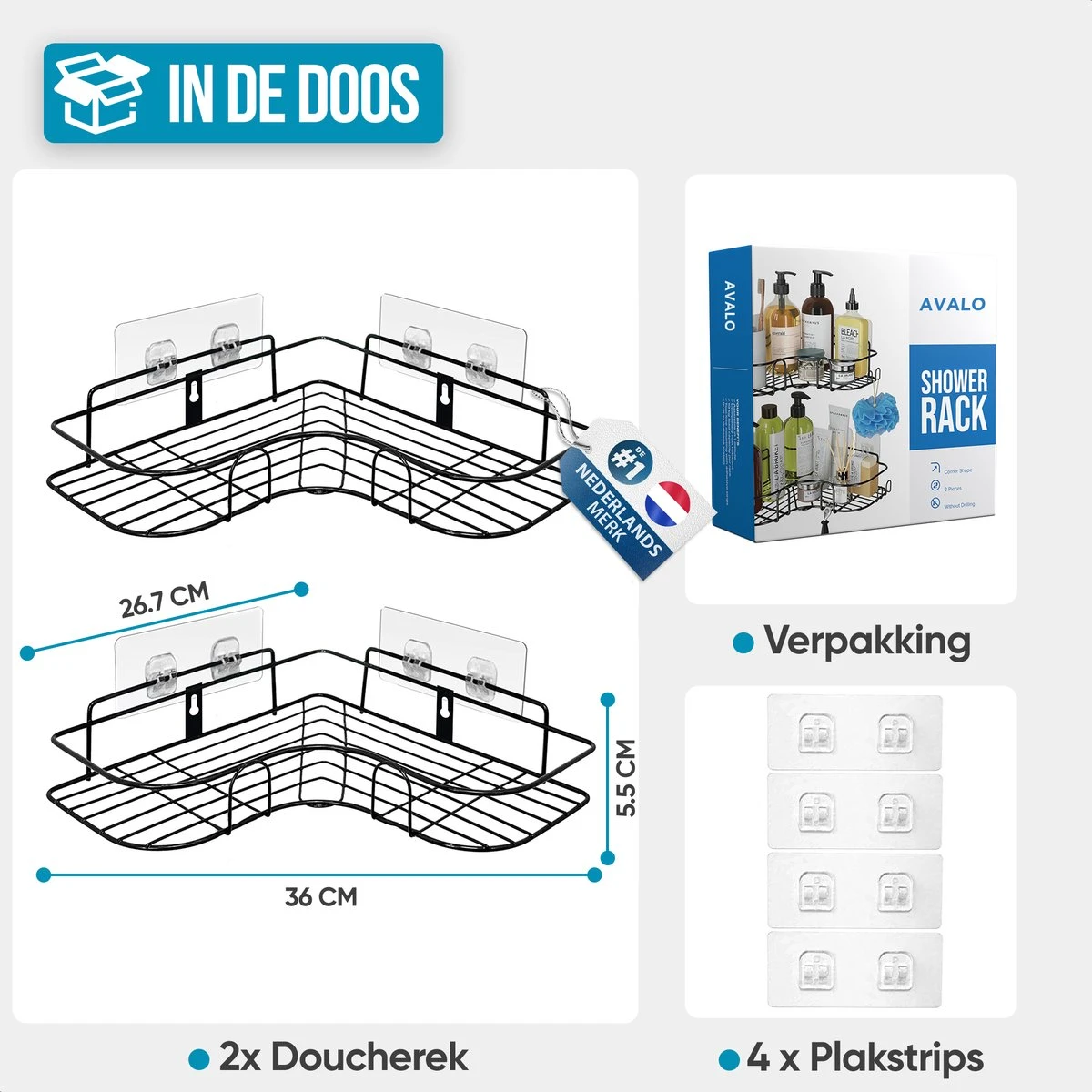 Avalo Doucherek Hoekvorm - 2 Stuks - Bevestigen Zonder Boren Of Schroeven - Bevestigen Middels Plakstrip 12 Avalo Doucherek Hoekvorm - 2 Stuks - Bevestigen Zonder Boren Of Schroeven - Bevestigen Middels Plakstrip - Afbeelding 10