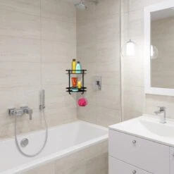 Merkloos Zelfklevend Doucherek 2 Laags - Ophangbaar Hoek Badrek Met Zuignap - Hangend Badkamer Rekje - Douchemandje - Geschikt Voor Muur/Wand Bevestiging - Ophangen Zonder Boren En Schroeven - Roestvrij - Mat Zwart -Merkloos Shop 1200x1200 1307