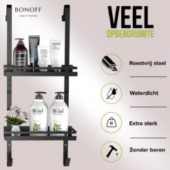Bonoff Doucherek Zwart – 2 Laags - Doucherek Zonder Boren - Zwart – Doucherek Hangend - Badkamerrek –RVS – Badkamer Accessoires – Stijlvol -Merkloos Shop 1200x1200 1370