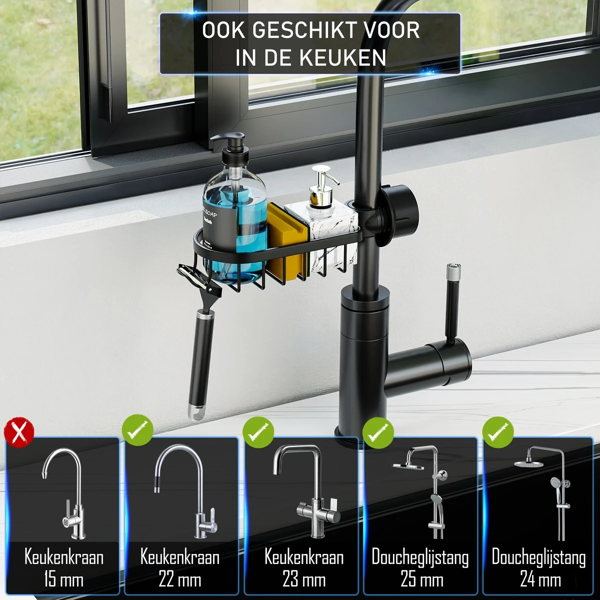 Nolad® - Doucherek Hangend - Doucherek Zonder Boren - Keukenrek - Gootsteen Organizer - Badkamer Accessoires - Zwart 8 Nolad® - Doucherek Hangend - Doucherek Zonder Boren - Keukenrek - Gootsteen Organizer - Badkamer Accessoires - Zwart - Afbeelding 6