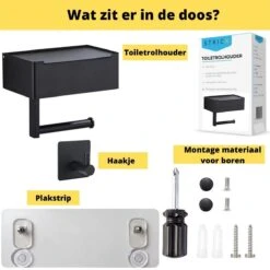 STRICX Toiletrolhouder - Zwart - Zonder Boren - Toilet Rol Houder Tissuebox - Zelfklevend - WC Rolhouder Met Opbergvak Voor Babydoekjes - Met Plankje - Toiletaccessoires -Merkloos Shop 1200x1200 139