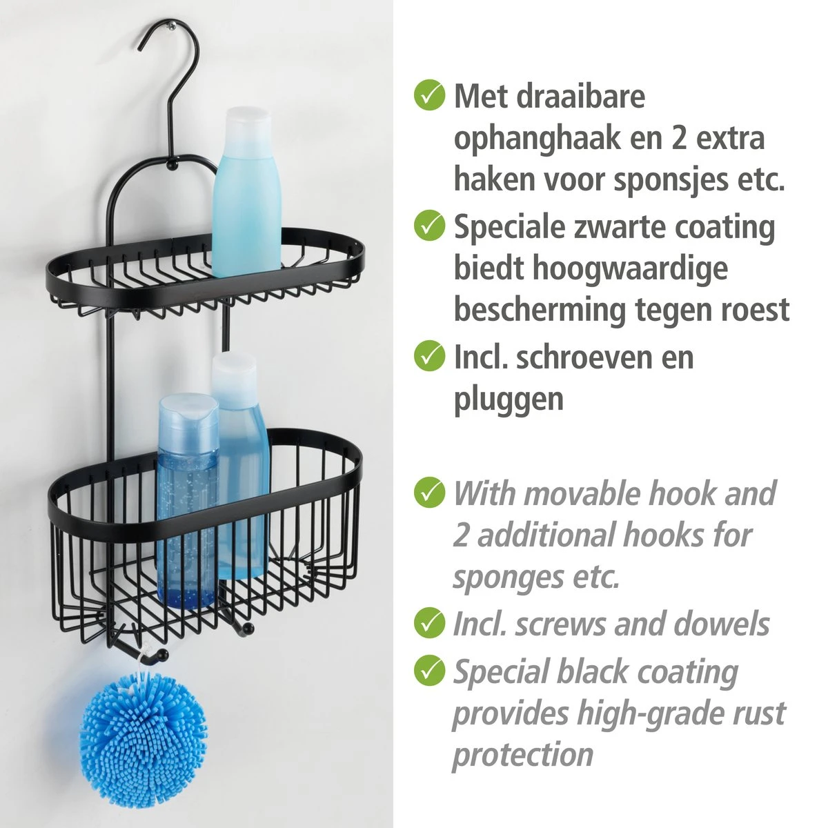 WENKO Doucherek 2-laags Classic Plus Black Mat Zwart - Doucherek Zonder Boren - Doucherek Hangend Zwart 6 WENKO Doucherek 2-laags Classic Plus Black Mat Zwart - Doucherek Zonder Boren - Doucherek Hangend Zwart - Afbeelding 4