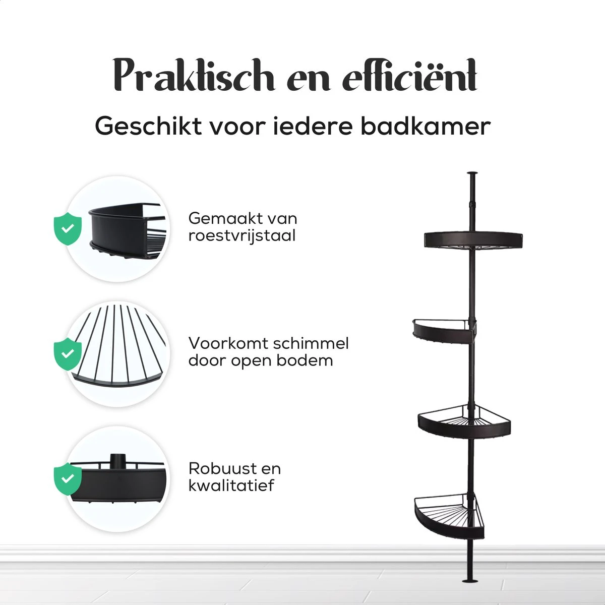 Avint Goods Telescopisch Doucherek Zonder Boren – 4 Laags Badkamerrek Staand – Douche Rek Hoekrek – Zwart 7 Avint Goods Telescopisch Doucherek Zonder Boren – 4 Laags Badkamerrek Staand – Douche Rek Hoekrek – Zwart - Afbeelding 5