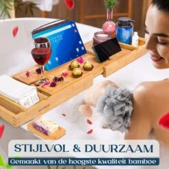 Ecowize Luxe Bamboe Badplank Voor In Bad Met Tablethouder - 100% Natuurlijk Bamboe Badrek Met Boekenhouder - Bad Plank Hout Met Nonslip Grips - Badrekje Voor Bad - Badplankje Uitschuifbaar (75cm Tot 110cm) Met Extra Zeepbakje En Body Brush -Merkloos Shop 1200x1200 1529