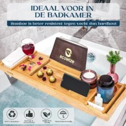 Ecowize Luxe Bamboe Badplank Voor In Bad Met Tablethouder - 100% Natuurlijk Bamboe Badrek Met Boekenhouder - Bad Plank Hout Met Nonslip Grips - Badrekje Voor Bad - Badplankje Uitschuifbaar (75cm Tot 110cm) Met Extra Zeepbakje En Body Brush -Merkloos Shop 1200x1200 1532