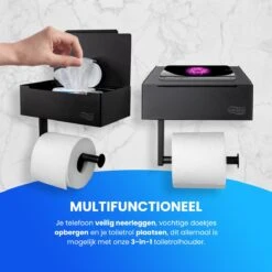 Toiletrolhouder Met Plankje En Bakje - WC Rolhouder Zwart - Opbergvak - Zelfklevend - Zonder Boren - RVS -Merkloos Shop 1200x1200 159