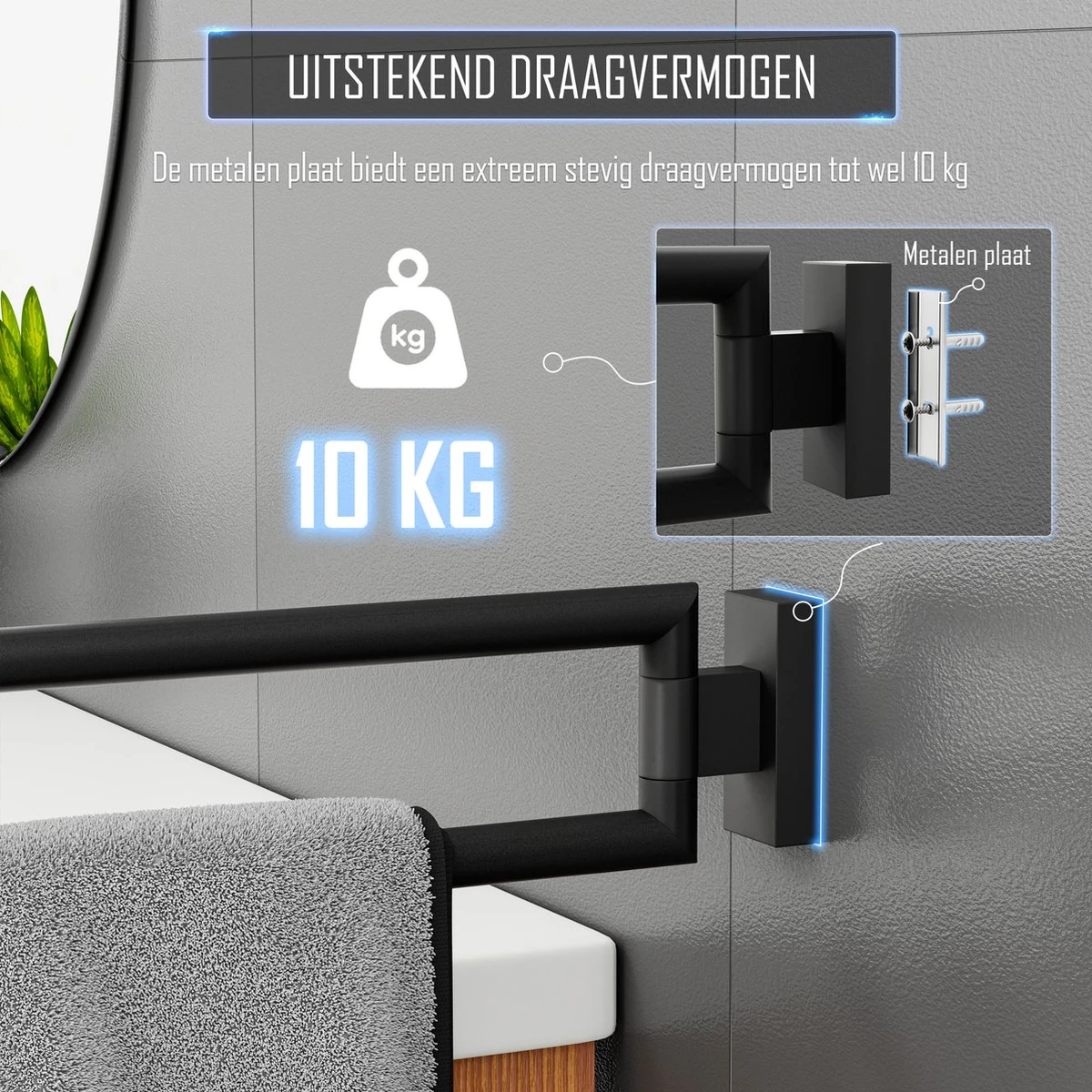 Nolad® Handdoekrek 2 Armig - Handdoekhouder - Handdoekenrek - RVS - Zwart 7 Nolad® Handdoekrek 2 Armig - Handdoekhouder - Handdoekenrek - RVS - Zwart - Afbeelding 5