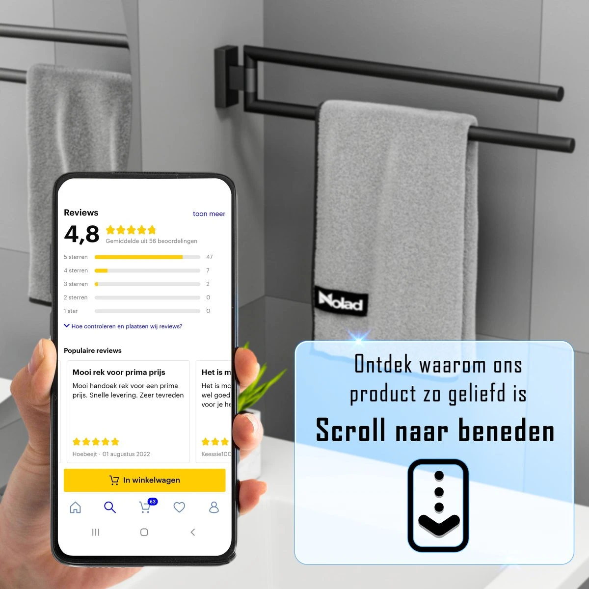 Nolad® Handdoekrek 2 Armig - Handdoekhouder - Handdoekenrek - RVS - Zwart 9 Nolad® Handdoekrek 2 Armig - Handdoekhouder - Handdoekenrek - RVS - Zwart - Afbeelding 7