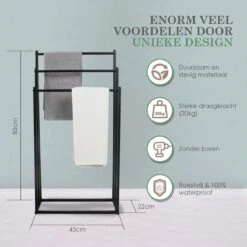 MIRI Handdoekrek – Handdoekhouder – Vrijstaand – Zwart – Staand – Metaal – 3 Rails – Zonder Boren – Badkamer / Keuken -Merkloos Shop 1200x1200 835