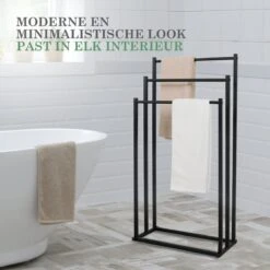 MIRI Handdoekrek – Handdoekhouder – Vrijstaand – Zwart – Staand – Metaal – 3 Rails – Zonder Boren – Badkamer / Keuken -Merkloos Shop 1200x1200 836