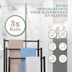 MIRI Handdoekrek – Handdoekhouder – Vrijstaand – Zwart – Staand – Metaal – 3 Rails – Zonder Boren – Badkamer / Keuken -Merkloos Shop 1200x1200 838