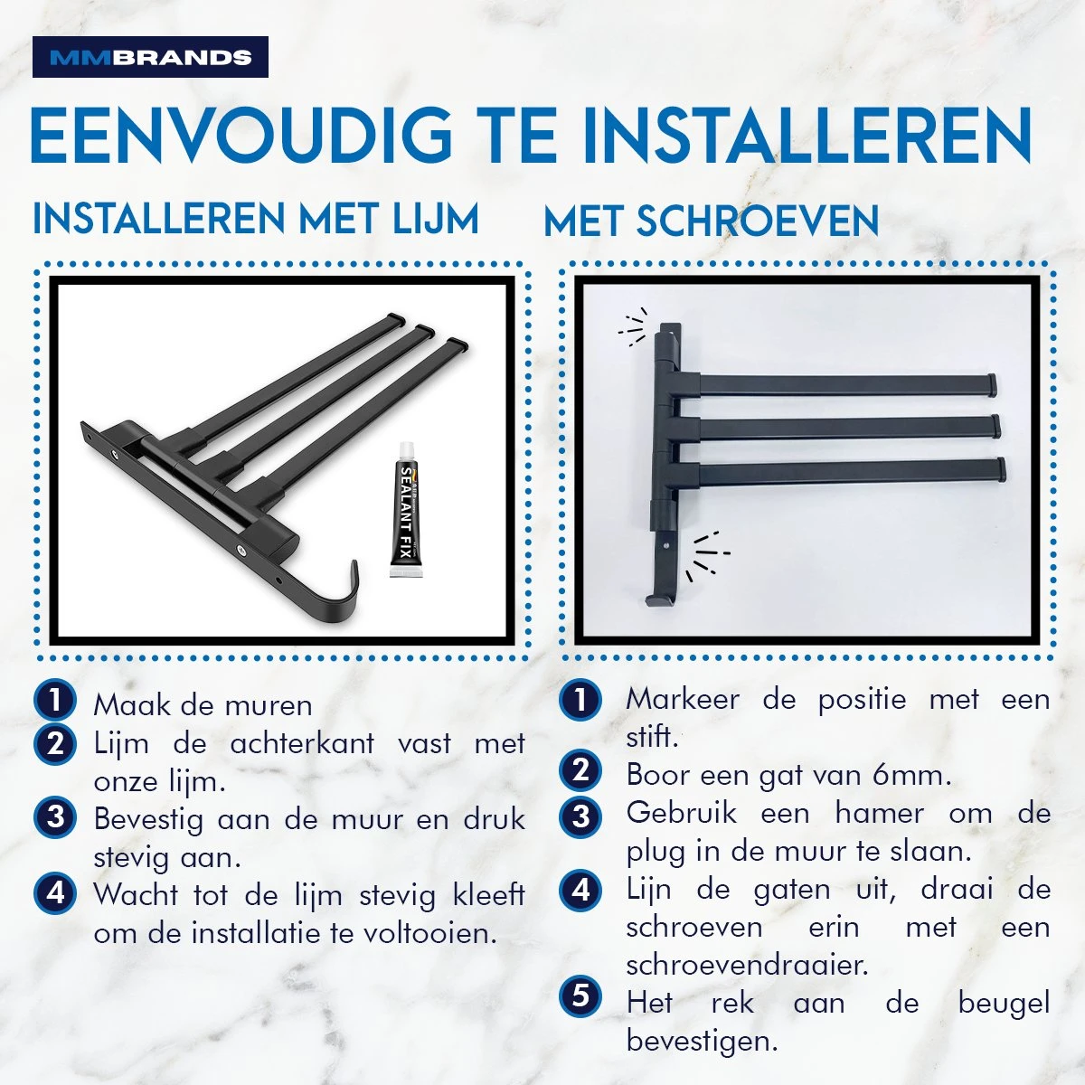 MM Brands Handdoekrek - Handdoekhouder - Badkamer Accessoires - Zelfklevend Handdoekenrek - 3-delig - Zwart - 24 X 6 X 1 CM 10 MM Brands Handdoekrek - Handdoekhouder - Badkamer Accessoires - Zelfklevend Handdoekenrek - 3-delig - Zwart - 24 X 6 X 1 CM - Afbeelding 8