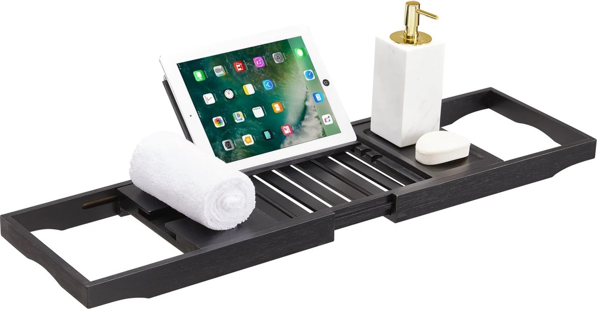 ACAZA Badrekje - Uitschuifbare Bamboe Bad Brug (Min 70 Cm - Max 105cm) - Verstelbare Plank Voor In Bad Met Tablet Houder - Zwart 5 ACAZA Badrekje - Uitschuifbare Bamboe Bad Brug (Min 70 Cm - Max 105cm) - Verstelbare Plank Voor In Bad Met Tablet Houder - Zwart - Afbeelding 3