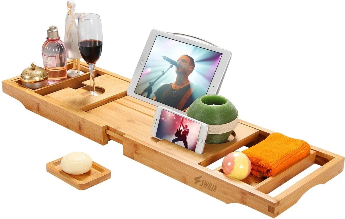 SWILIX ® Badplank - Uitschuifbaar - Voor In Bad - 71 Tot 108 Cm - Met Houder - Hout 2 SWILIX ® Badplank - Uitschuifbaar - Voor In Bad - 71 Tot 108 Cm - Met Houder - Hout