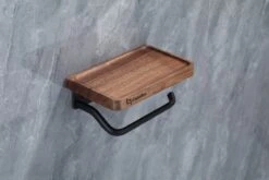 Lopoleis WC Rolhouder – WC-rolhouder – Luxe Toiletrolhouder Walnoothout – Zwart – Zelfklevend – WC Rolhouder Zonder Boren – Toiletrolhouder Met Plankje – WC Rolhouder Zwart – Badkamer Accessoires