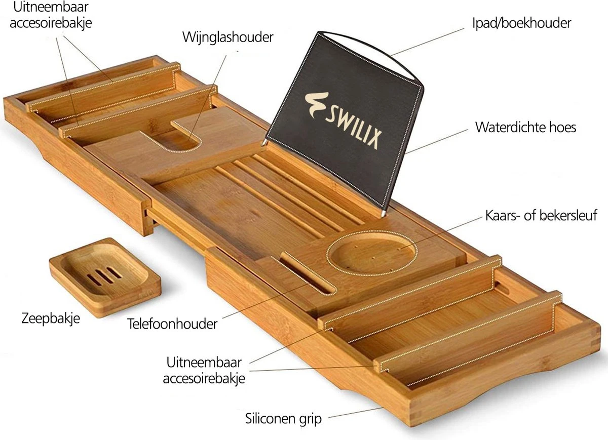 SWILIX ® Badplank - Uitschuifbaar - Voor In Bad - 71 Tot 108 Cm - Met Houder - Hout 3 SWILIX ® Badplank - Uitschuifbaar - Voor In Bad - 71 Tot 108 Cm - Met Houder - Hout - Afbeelding 2