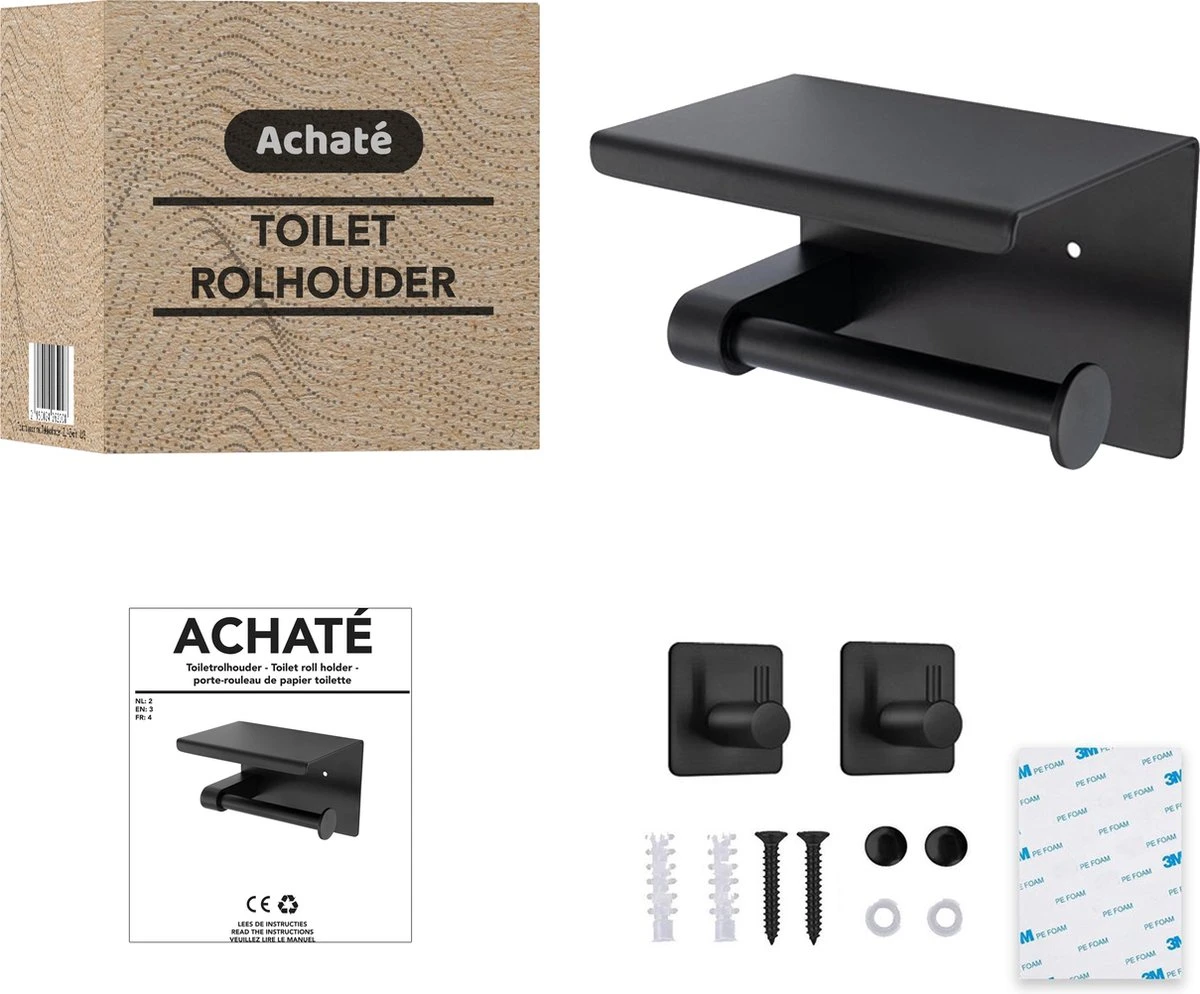 Toiletrolhouder Met Plankje - Zelfklevend Of Boren - WC Rolhouder - Incl. Handdoekhaakjes - Zwart 9 Toiletrolhouder Met Plankje - Zelfklevend Of Boren - WC Rolhouder - Incl. Handdoekhaakjes - Zwart - Afbeelding 7