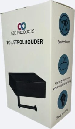 WC Rolhouder - Toiletrolhouder - Zwart - RVS - Zonder Boren - Met Plankje & Bakje - Inclusief Montagemateriaal - Toilet Accessoires - EJC Products -Merkloos Shop 702x1200